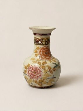 Vintage Satsuma Japan Vase Hand Painted Flowers Bird Moriage 8.25" Crackle Glaze